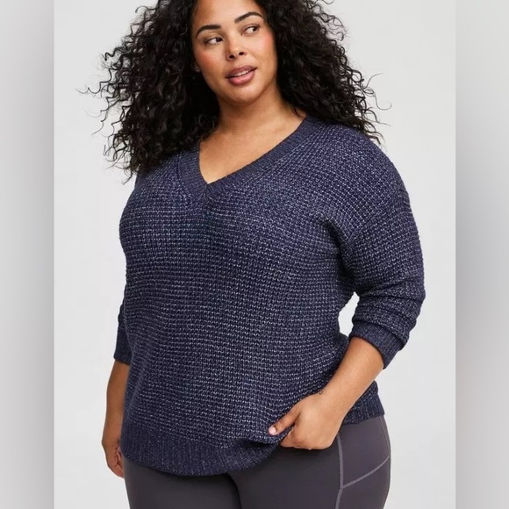 Torrid Waffle Knit Drop Shoulder V-Neck Pullover Sweater Blue Peacoat NWT Size L